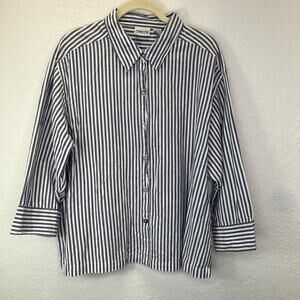 Chico's Striped White Blue Shirt Size 3(L) 100% Cotton Made in India, Classic